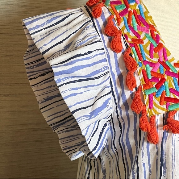 THML Embroidered Tassel Sun Dress Blue White Flutter Sleeves Women’s Size Small - Picture 6 of 10